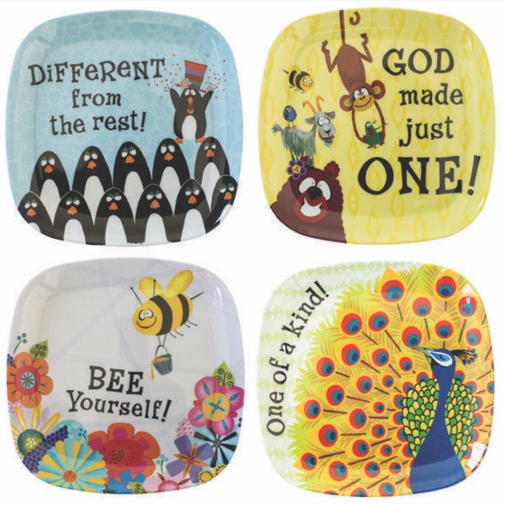 Mary & Martha Kids Affirmation Plates. “God Made Just One”. Melamine. Set of 4